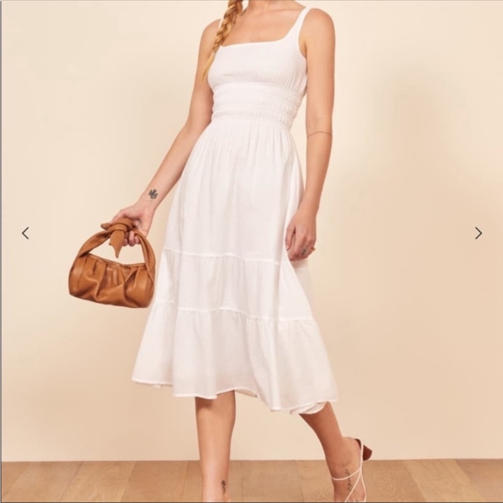 Reformation Lora White Cotton Smocked Midi Dress M